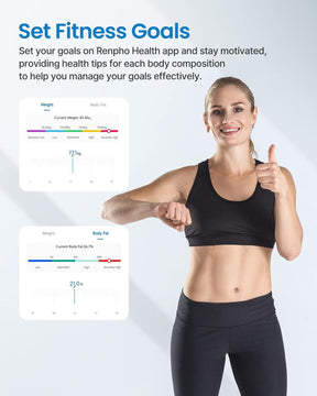 A fit woman in sports attire gives a thumbs up, smiling at the camera. Behind her are two images of the Renpho Health app displaying weight and body composition analysis data, with text promoting the Elis Aspire Smart Body Scale by Renpho.