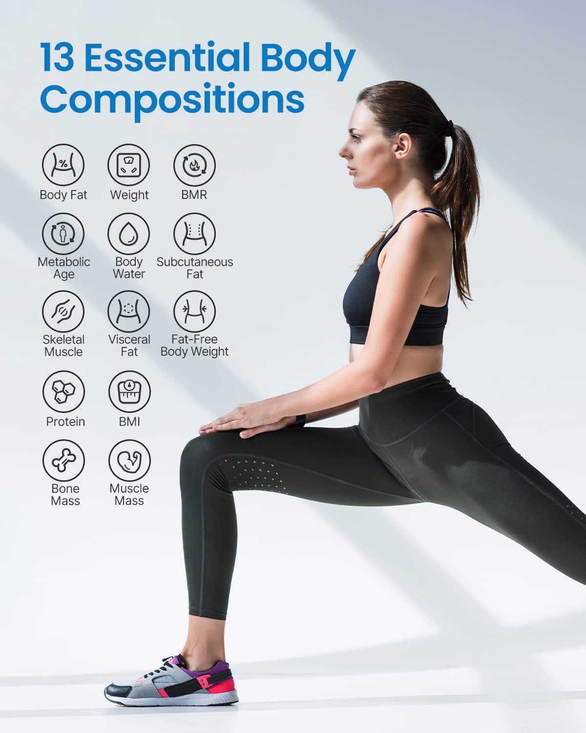 A woman in athletic wear performs a lunge on a white background. Next to her, a Renpho Elis Aspire Smart Body Scale graphic lists "13 essential body compositions" including body fat, weight, BMR, and