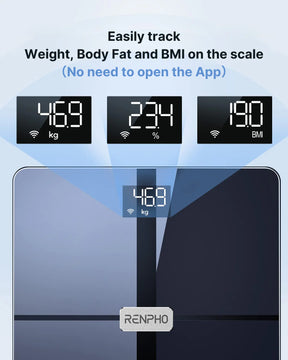 Elis Aspire Smart Body Scale by Renpho screen displaying weight, body fat percentage, and BMI without needing an app. The readings show 46.9 kg, 24% body fat, and 19.0 BMI.