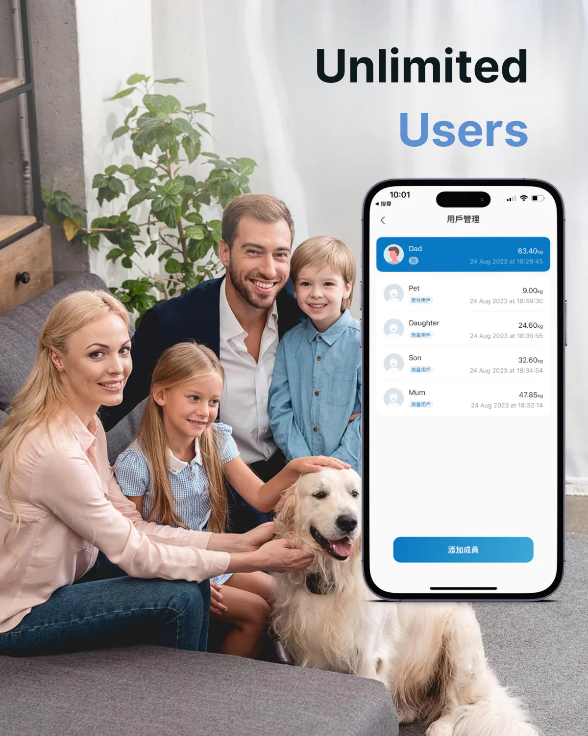 A happy family with two adults, two children, and a golden retriever, sitting together in a living room. They are smiling at a smartphone displaying the Renpho Health app with profiles labeled Elis Aspire Smart Body Scale.