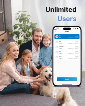 A happy family with two adults, two children, and a golden retriever, sitting together in a living room. They are smiling at a smartphone displaying the Renpho Health app with profiles labeled Elis Aspire Smart Body Scale.