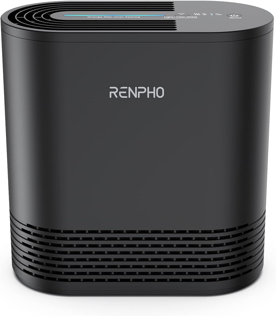A sleek, modern black Renpho Compact Air Purifier 068 Ozone Free with a rounded top and vented sides features a digital display on the top panel.