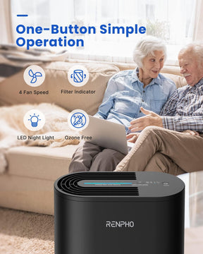 An elderly couple sits on a sofa, looking at a laptop together. In the foreground, a black Renpho Compact Air Purifier 068 Ozone Free is displayed with icons indicating features: 4 fan speeds, filter indicator.