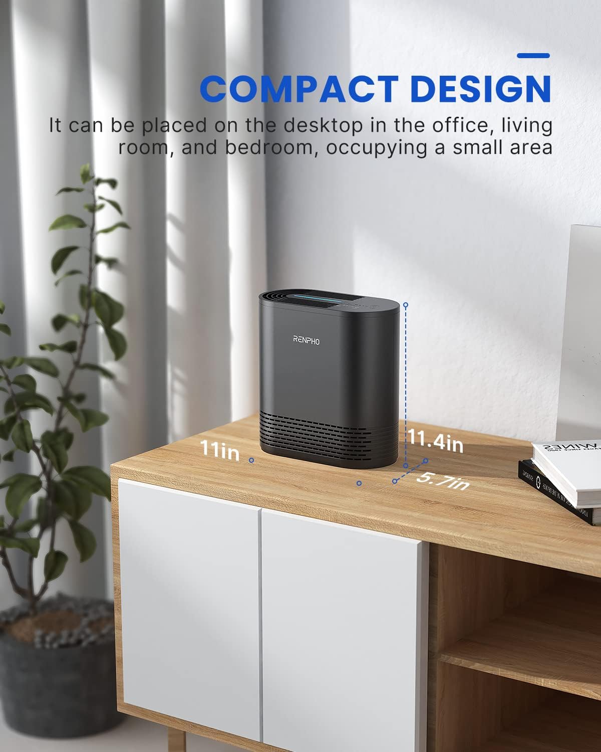 An Renpho Compact Air Purifier 068 Ozone Free sits on a wooden surface in a stylishly decorated room, promoting health with its compact design. It measures 11 inches high. Near the device, there's a small potted