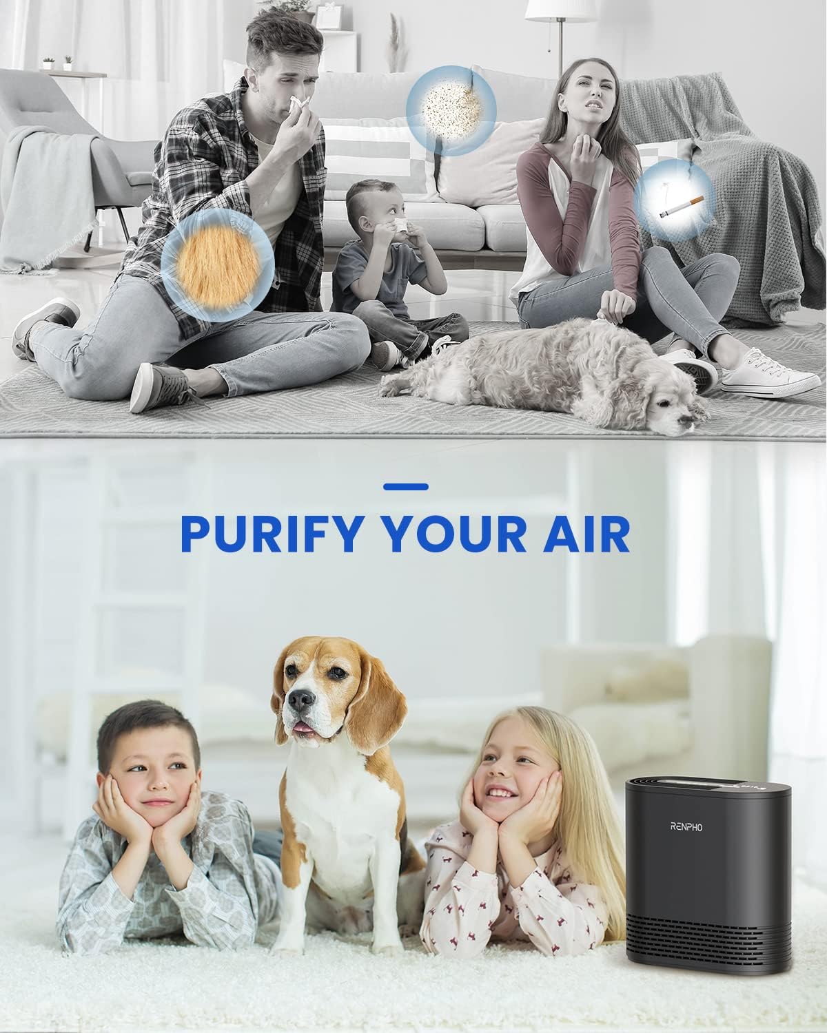A split-image featuring a family with two kids and a dog sitting in a living room. The top black-and-white photo shows some visible particles in the air. The bottom color photo shows the kids using the Renpho Compact Air Purifier 068 Ozone Free.