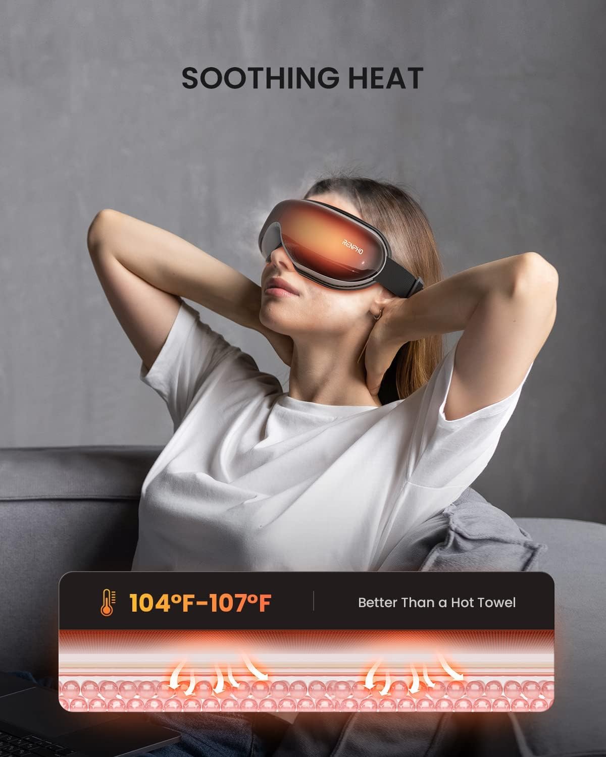 A woman relaxes in a white t-shirt, using a Renpho Eyeris 1 Eye Massager. She leans back comfortably with her hands behind her neck. Below her, an infographic highlights the mask's temperature range.