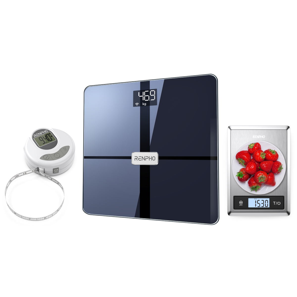 A Renpho CA Health Bundle consisting of a Smart Body Scale showing 46.9 kg, a Smart Tape Measure displaying 37, and a Smart Nutrition Scale with strawberries marked at 1530 grams.