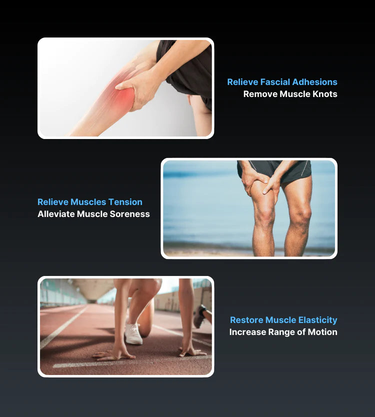 Three images highlighting benefits of physical therapy: top image shows a hand performing a deep-tissue massage on a painful calf with the Renpho R3 Active Massage Gun, middle shows a person gently stretching their leg muscles, bottom features someone starting to run.