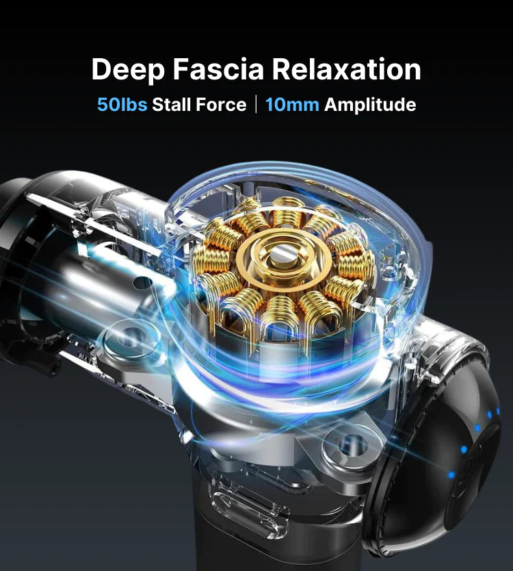 An exploded view of the R3 Active Massage Gun by Renpho, highlighting its internal components: spring-loaded gears with golden coils in a clear cylindrical casing, surrounded by a faint blue glow. Text above reads "deep-tissue massage.
