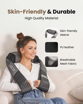 A smiling woman with her hair in a bun sits comfortably against a cushioned headrest, showcasing the Renpho U-Neck 2 Neck & Shoulders Massager. Text labels highlight materials like skin-friendly sleeve, PU leather, and breathable mesh.