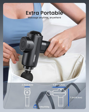 A person places the black, powerful Active Thermacool Massage Gun from Renpho CA into a white bag. The text "Extra Portable" and "Massage Anytime, Anywhere" is at the top of the image. The dimensions (2.3in/5.8cm x 5.8in/14.7cm x 7.3in/18.5cm) and weight (1.4lbs/630g) are also displayed.
