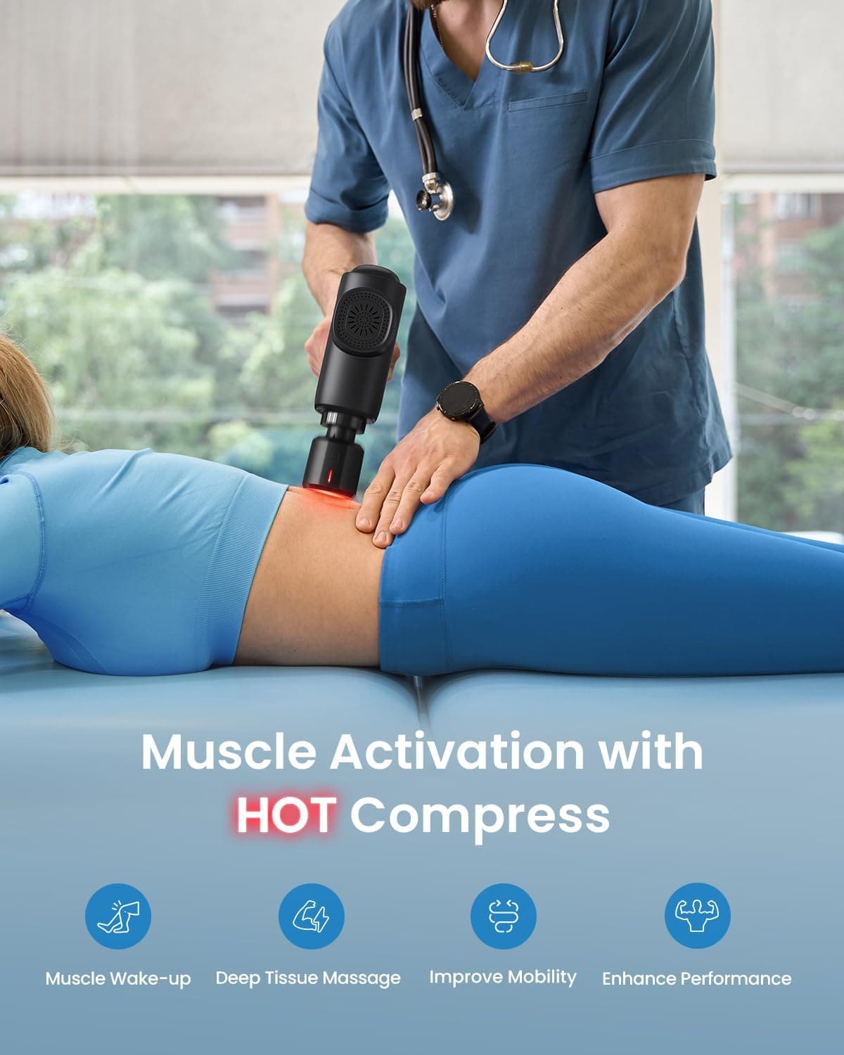 A person in blue scrubs uses the powerful Renpho CA Active Thermacool Massage Gun with a red light to provide muscle therapy to an individual lying face down in a blue outfit. The image includes text that reads "Muscle Activation with HOT Compress" and highlights four benefits: Muscle Wake-up, Deep Tissue Massage, Improve Mobility, Enhance Performance.