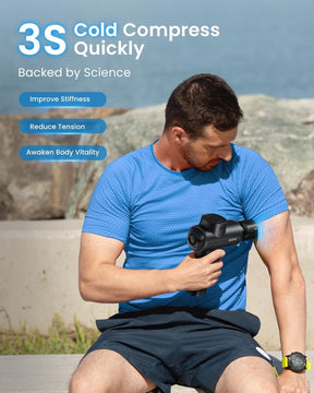 A man in a blue athletic shirt sits on a bench, using the Active Thermacool Massage Gun by Renpho CA strapped to his upper arm. Text reads “3S Cold Compress Quickly. Backed by Science.” Bullet points highlight benefits: “Improve Stiffness, Reduce Tension, Awaken Body Vitality.” The powerful massage gun delivers deep tissue relief. Blurred background includes rocks and greenery.