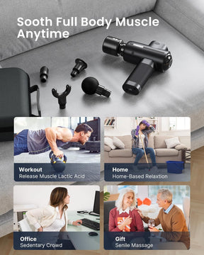 The Renpho CA Active Thermacool Massage Gun, a sleek and powerful black device with interchangeable heads, is showcased on a gray couch. Below it, four usage scenarios are depicted: a man lifting weights labeled "Workout," a woman vacuuming labeled "Home," a woman working at her desk labeled "Office," and an elderly couple labeled "Gift." Fast Charging included.