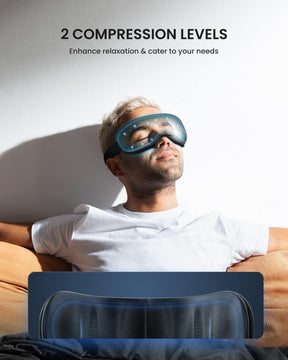 A man relaxes on a beige sofa, wearing a Renpho Eyeris 1 Eye Massager and a white t-shirt. Above him, the text reads "2 compression levels" with a subtitle "enhance relaxation.