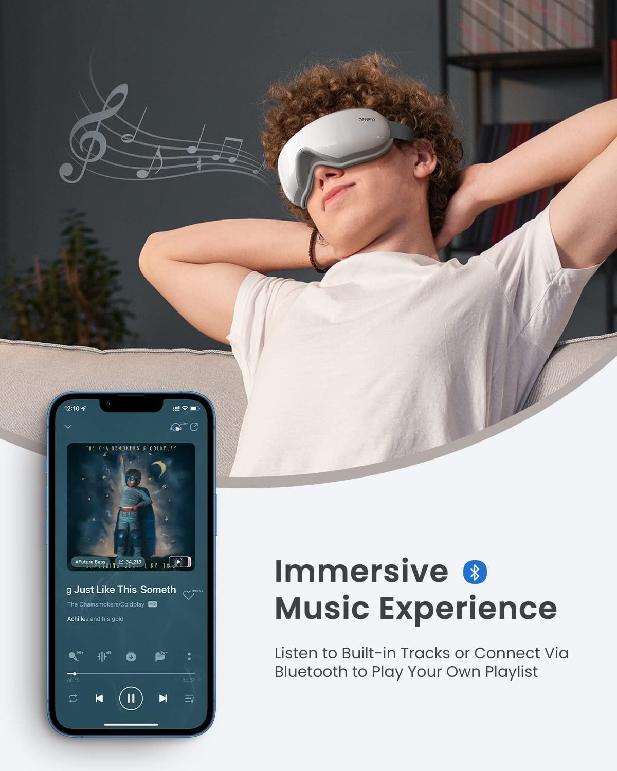 A young man reclines comfortably with a Renpho Eyeris 1 Eye Massager, enjoying music. In the foreground, a smartphone screen displays a music player app with the song "Just Like This Something." The image suggests an energizing and relaxing experience.