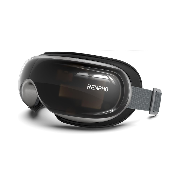 A Renpho CA branded Eyeris 3 Eye Massager with an adjustable gray strap, showcased on a white background. The eye massager features a prominent glossy black front casing with the branding visible on the top.