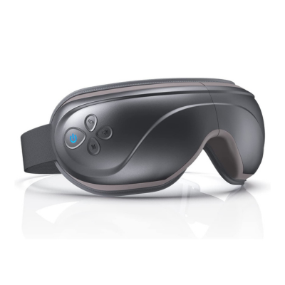 A sleek, modern Eyeris 2 Eye Massager in metallic gray and black, designed to reduce eye fatigue, featuring several controls including a power button on the side, isolated on a white background by Renpho.