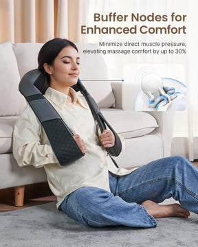 A relaxed woman sits on a couch using a Renpho U-Neck 2 Neck & Shoulders Massager. She has her eyes closed, enjoying the device that wraps around her neck and shoulders. In the background, a graphic demonstrates the device's features.