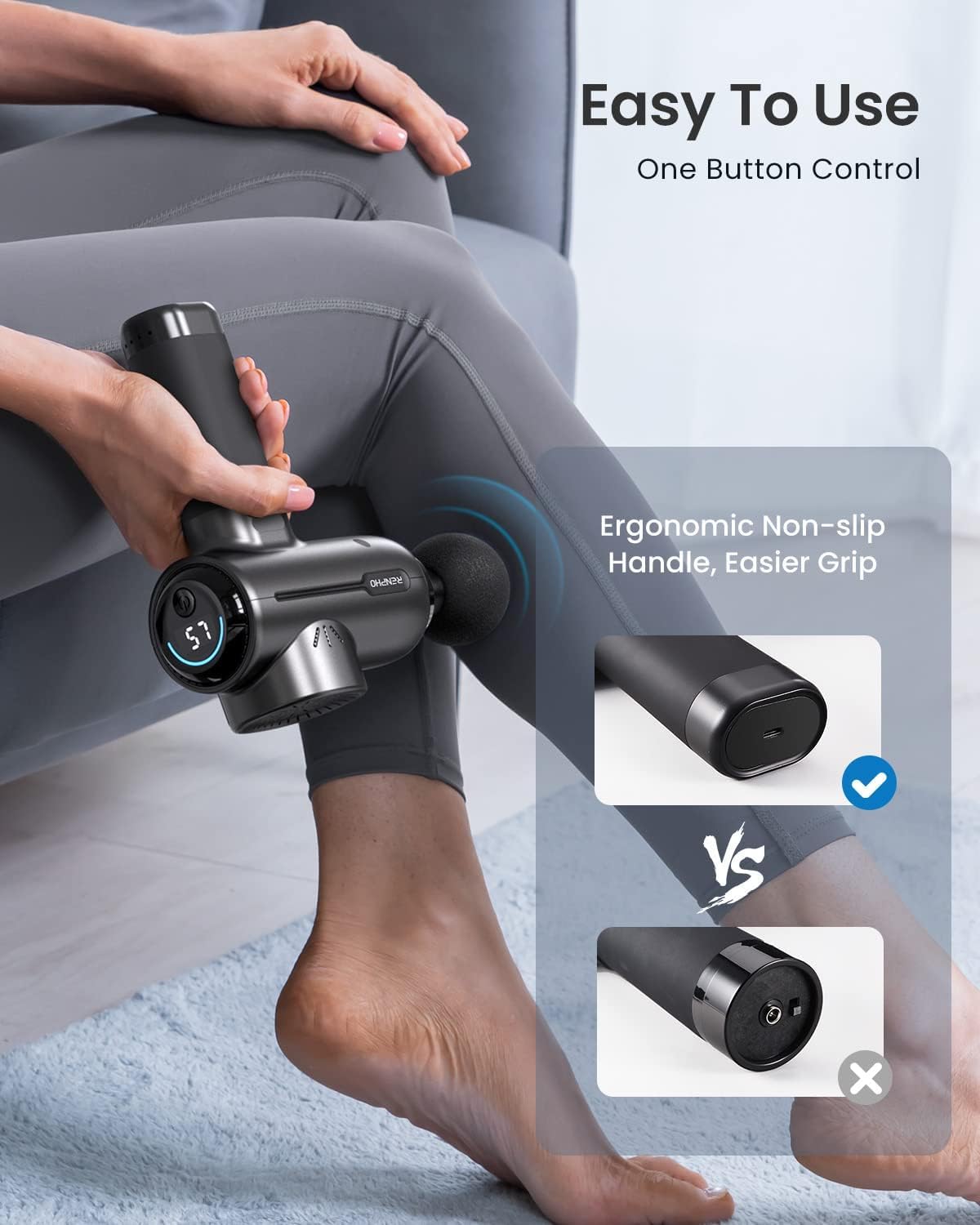 A person uses a black Renpho R3 Active Massage Gun on their calf while sitting on a gray surface. The device features a digital display showing "37". An inset image highlights the ergonomic, non-slip handle, perfect for muscle relaxation. The background includes text: "Easy to Use, One Button Control" and "Ergonomic Non-slip Handle, Easier Grip.