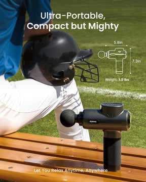 A person in a white and blue athletic outfit sits on a wooden bench holding a black sports helmet. Next to them is a Renpho R3 Active Massage Gun with a ball attachment. Text reads "Ultra-Portable, Compact but Mighty" with device dimensions (5.8 in x 7.3 in) and weight (1.5 lbs). Grass field background perfect for muscle relaxation.