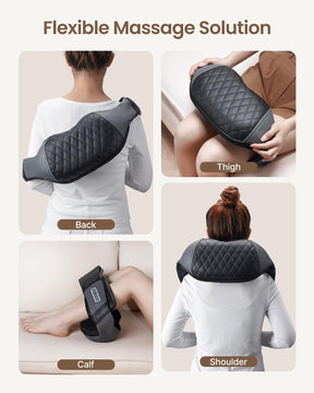An advertisement showcasing the Renpho U-Neck 2 Neck & Shoulders Massager. It features four frames with individuals applying the pillow to different body parts: back, thigh, calf, and shoulder, each highlighted with labeled pointers and deep kne