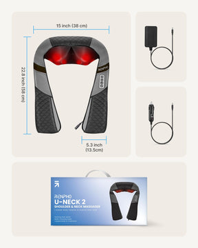 Promotional image of a Renpho U-Neck 2 Neck & Shoulders Massager featuring deep kneading massage nodes, showing different views. Top view of the wearable device's dimensions, left side view with.
